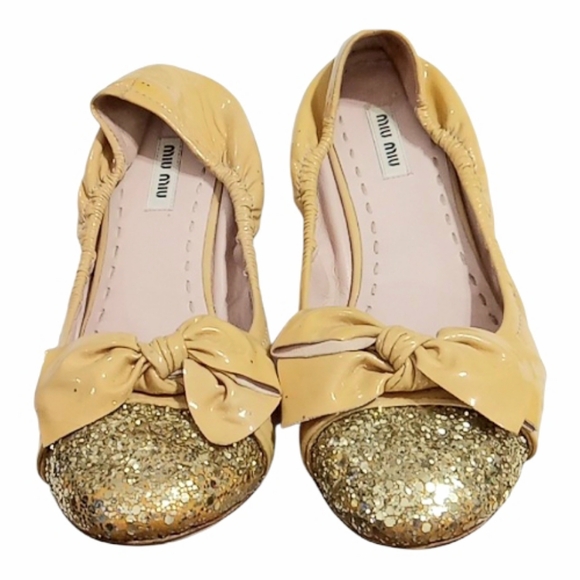 Miu Miu Bow Ballet Flats Nude Patent Leather Gold Glitter Cap Toe EU 40 US 9 - Picture 11 of 14